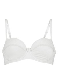 Witte beha met kant bovenste cups, gladde onderstof, stippenstructuur op de cups, verstelbare bandjes en een strikdetail in het midden.