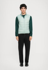 Gilet trapuntato verde menta chiaro con motivo a righe orizzontali e colletto alto, indossato sopra una camicia a maniche lunghe verde scuro, pantaloni neri e scarpe.