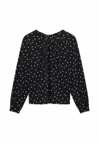 Zwarte blouse met lange mouwen en witte stippen, met een geplooide halslijn en fitted manchet. Zachte stof met een gladde textuur.