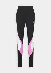 Svarta leggings med färgglada abstrakta mönster i rosa, vitt och mintgrönt på sidorna. Tillverkade av stretchigt, andningsbart material.