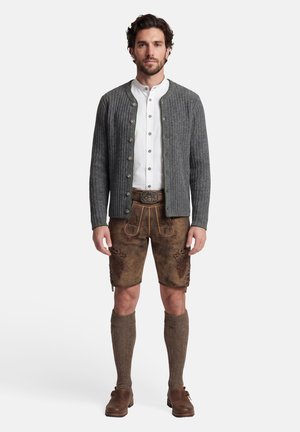 Mann in traditioneller bayerischer Tracht: grauer, geknöpfter Cardigan, weißes Hemd, braune, bestickte Lederhose, knielange Socken und braune Schuhe.