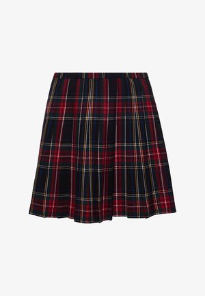 Gonna a quadri rossa, nera e gialla con pieghe. Realizzata in tessuto con una texture liscia. Presenta una vita aderente e una silhouette svasata.