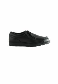 Chaussures en cuir noir avec un bout arrondi, un design à lacets et des coutures ton sur ton. La semelle en caoutchouc offre adhérence et stabilité. Texture lisse.