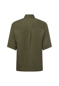 Olijfgroene shirt met korte mouwen in een gestructureerde stof, met een rechte snit, rugplooi en een klassieke kraag. Geen vooraanzicht zichtbaar.