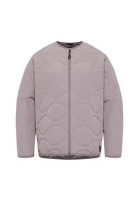 Gequilted lichtpaarse jas met een ronde halslijn, een volledige rits aan de voorkant en een geribbelde rand; beschikt over golfpatronen op de stof.