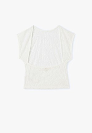 Biała, przejrzysta bluzka o luźnym kroju, z krótkimi rękawami typu nietoperz i teksturowanym wzorem, z okrągłym dekoltem i zaokrąglonym dołem.