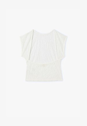 Weißes, durchsichtiges Oberteil mit lockerer Passform, kurzen Fledermausärmeln und einem strukturierten Muster, das einen runden Ausschnitt und einen geschwungenen Saum aufweist.