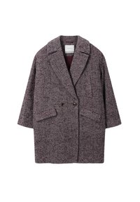 Manteau à motif pied de poule dans des nuances de bordeaux et de gris, à double boutonnage avec grands revers, deux poches avant et coupe lâche.