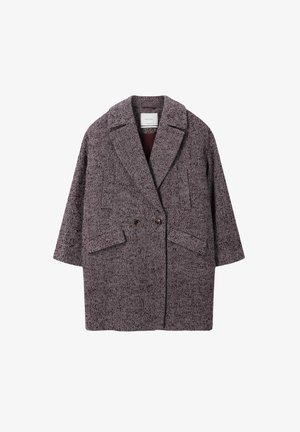 Manteau à motif pied de poule dans des nuances de bordeaux et de gris, à double boutonnage avec grands revers, deux poches avant et coupe lâche.