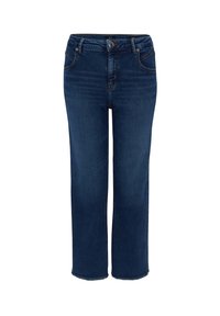 Jean bleu foncé taille haute à jambe droite avec bouton et fermeture éclair à l'avant, poches avant, et ourlets légèrement effilochés.