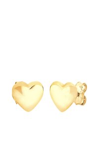 Goldene, herzförmige Steckerohrringe mit einer glatten, glänzenden Oberfläche und einer Schmetterlingsverschluss für sicheren Halt. Minimalistisches Design für vielseitiges Tragen.