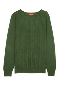 Pull en tricot vert avec un motif en torsades, col rond et manches longues. Confectionné en tissu doux avec une finition texturée.