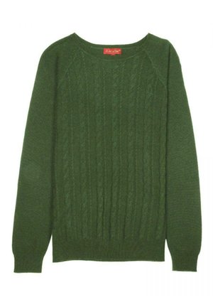 Pull en tricot vert avec un motif en torsades, col rond et manches longues. Confectionné en tissu doux avec une finition texturée.
