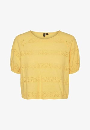 Žlutá blůza s krátkým rukávem, s očkovanými krajkovými horizontálními pruhy, kulatým výstřihem a mírně nabíranými rukávy se elastickými náplety.