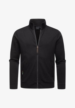 Schwarzer Reißverschluss-Sweatshirt mit hohem Kragen, aus weichem Material gefertigt. Verfügt über zwei seitliche Taschen und ein braunes Reißverschluss-Detail.