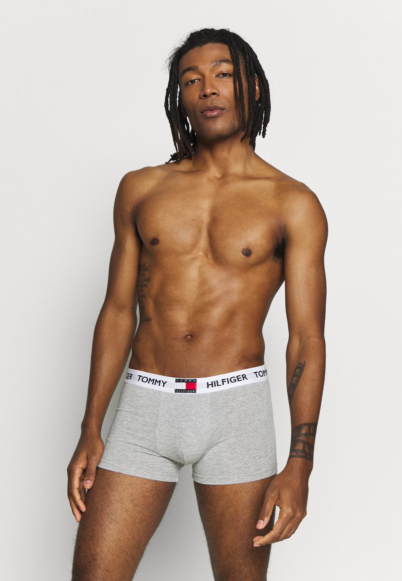 Gray cotton boxer briefs with a white waistband featuring red and blue 'TOMMY HILFIGER' logo. Model poses shirtless.