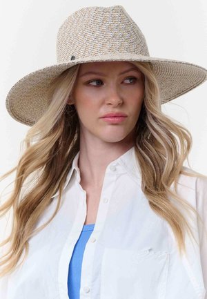 Blonde woman with loose waves wearing a wide-brimmed woven hat, white button-up shirt, and blue ribbed top, looking to her right.
