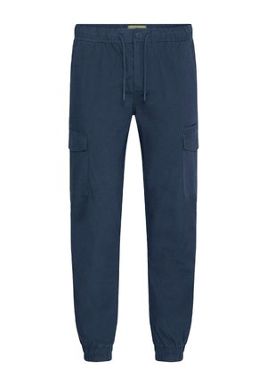 Mørkeblå cargo bukser med elastisk talje, sidelommer og tapered manchetter. Lavet af letvægtsstof med en glat overflade.