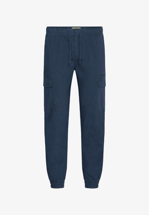 Temno modri cargo hlače z elastičnim pasom, stranskimi žepi in zoženimi robovi. Narejene iz lahkega blaga z gladko teksturo.