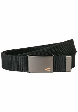 Black woven fabric belt with a rectangular metal buckle. Buckle has a matte finish with an embossed logo in orange.