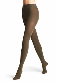 Undurchsichtige, olivgrüne Strumpfhosen mit glatter Textur, im vollen Längen-Design und mit elastischem Bund, ideal für Deckung und Wärme.