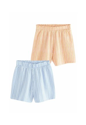 To sæt shorts: et pink med gule og orange striber, et lyseblå med mørkere blå striber. Begge har elastisk talje.