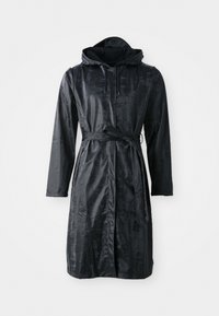 Black hooded raincoat made of shiny fabric, featuring a belted waist, long sleeves, and side pockets. Smooth texture with subtle sheen.