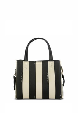 Bolso con rayas verticales en blanco y negro, con dos asas cortas y una correa de hombro desmontable, con la marca "bugatti".