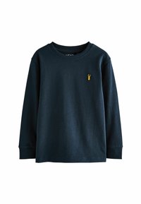 Maglietta a maniche lunghe navy in cotone, con colletto rotondo e polsini a costine, decorata con un piccolo astice giallo ricamato sul petto.