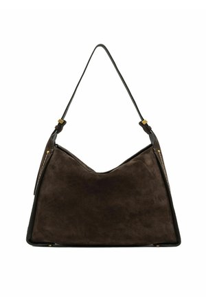 Borsa in suede marrone con una forma curvilinea, dettagli in pelle scura e una tracolla regolabile. Presenta lati con zip e accessori in metallo color oro.