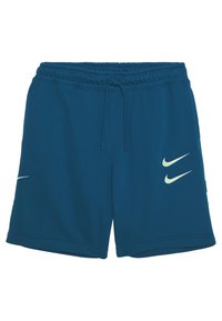 Teal shorts made of soft fabric, featuring an elastic waistband with drawstring. Notable white and light green Nike logos on the sides.