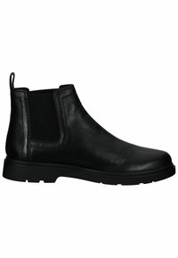 Stivale Chelsea in pelle nera con pannelli elastici ai lati e una robusta suola in gomma. Presenta una linguetta sul retro per una facile calzata.