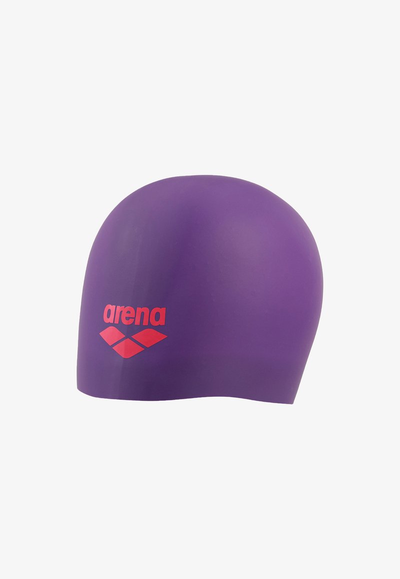 Fioletowy silikonowy czepek do pływania z czerwonym logo "arena" oraz trzema diamentowymi kształtami po boku.