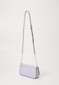 Purple leather crossbody bag with a rectangular shape, gold chain and adjustable strap, featuring a smooth texture and minimalistic design.