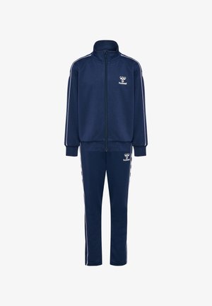 Navy blue tracksuit made of soft fabric, featuring a zip-up jacket with a high collar and matching pants. Contains white side stripes and logo.