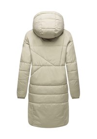 Beige pufferjack met een capuchon, met een gevoerd patroon, lange mouwen en een rechte snit. Gelaagd oppervlak met gestikte secties.