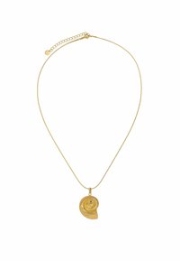 Goldfarbene Halskette mit einem Spiralschalen-Anhänger, der über eine strukturierte Oberfläche und eine glatte Fläche verfügt, befestigt mit einer dünnen Kette und einer Verlängerung.