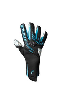 Gants de gardien de but noirs avec des accents bleus. Présentent des bouts de doigts texturés, saupoudrés de blanc et une sangle Velcro. Fabriqués dans des matériaux souples et flexibles.