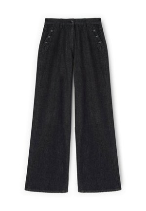 Czarne szerokie spodnie z denimu z wysokim stanem, zapinane na guziki, z pętlami na pasek oraz skośnymi przednimi kieszeniami ozdobionymi trzema dekoracyjnymi guzikami każda.