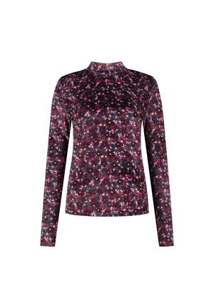 Langarmtop in donkere stof met een bloempatroon in roze, wit en groene details. Hoge halslijn en slim fit ontwerp.