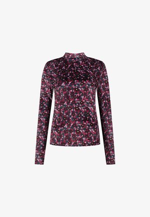 Dlhý rukáv v tmavom materiáli s kvetinovým vzorom, ktorý obsahuje ružové, biele a zelené detaily. Vysoký výstrih a štíhly strih.