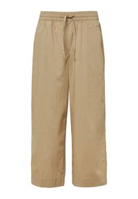 Beige cropped broeken met een elastische tailleband en verstelbaar trekkoord, gemaakt van een gladde, lichtgewicht stof met zijzakken.