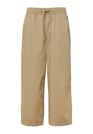 Beige Capri-Hosen mit einem elastischen Bund und verstellbarem Kordelzug, aus einem glatten, leichten Stoff und mit Seitentaschen.