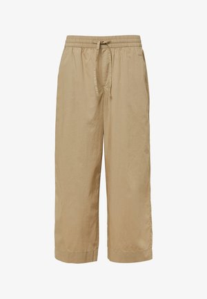 Pantalons beiges coupés avec une taille élastique et un cordon de serrage ajustable, présentant un tissu lisse et léger avec des poches latérales.