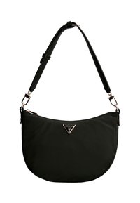 Sort nylon skuldertaske med en buet form, der har en sølvfarvet logo-plade og justerbar rem. Glat tekstur, minimalistisk design.