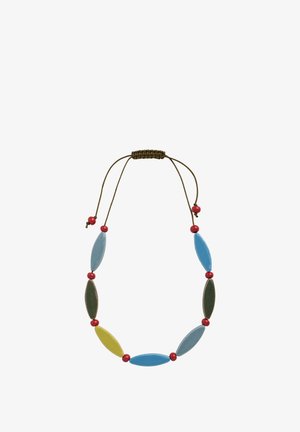 Värvikas kaelakee, millel on ovaalsed helmeste sinises, rohelises ja kollases toonis ning punaste ümmarguste helmeste vahel. Kinnitamiseks reguleeritav pruun nöör.