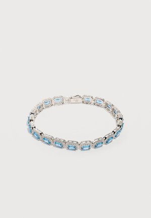 Silver bracelet featuring rectangular blue gemstones linked in a continuous chain with a clasp closure, displayed on a white background.