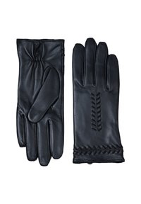 Black leather gloves feature a gathered wrist, three decorative stitching accents, and a smooth texture. The left glove has a thumb design.