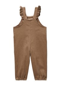 Salopette en velours côtelé marron avec des bretelles à volants, des ouvertures de jambe effilées et des poches latérales, présentant un tissu doux et texturé.