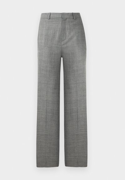 Pantaloni gri, cu croi lejer, cu talie înaltă și pliuri frontale, pe un fundal alb, potriviți pentru ținute formale sau pentru birou.